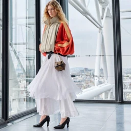 Model wearing a multi-toned jacket and flowing white skirt inside a modern glass building with a city view.