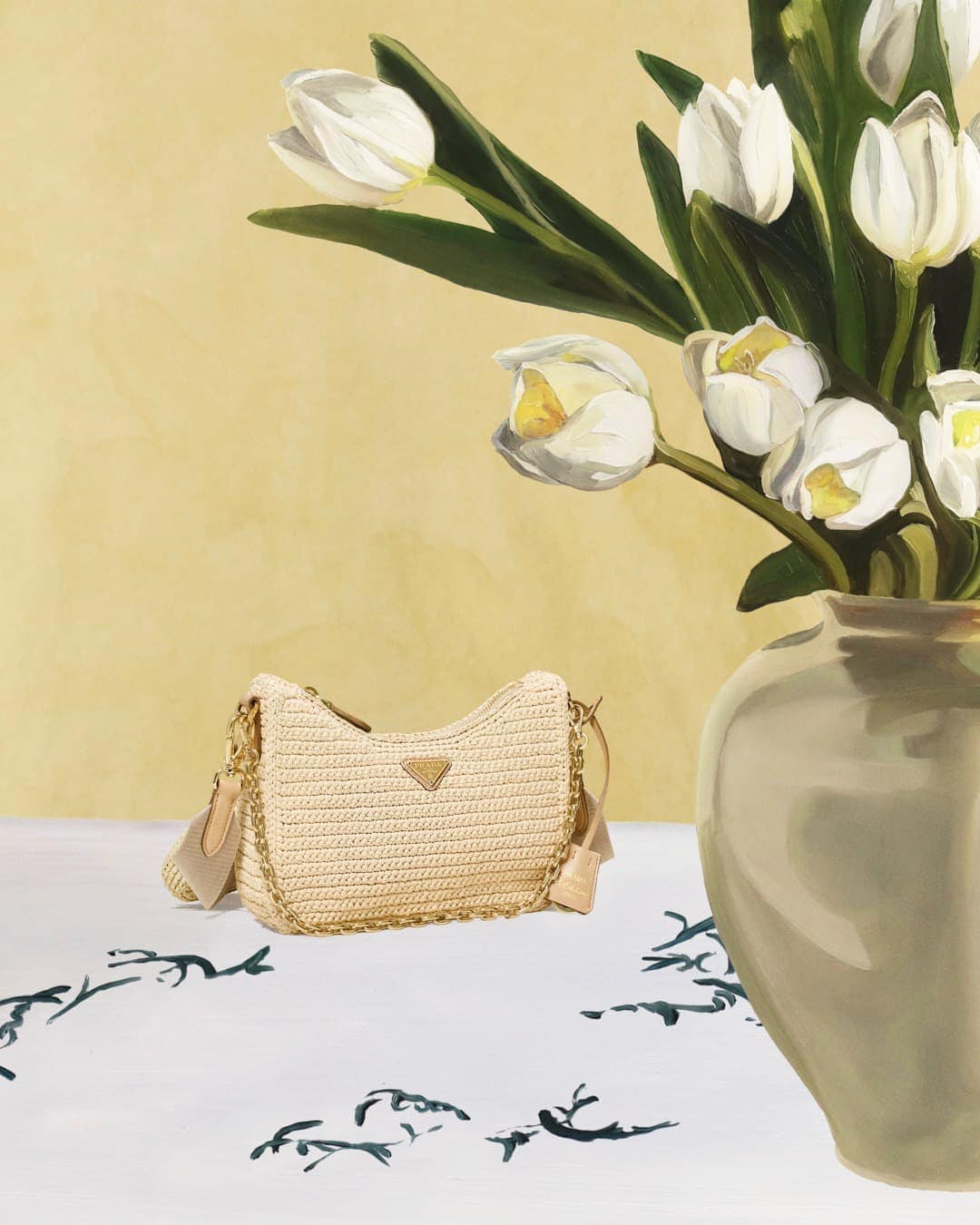 Still life painting of a woven handbag next to a vase of white tulips against a yellow backdrop with decorative accents on the table.