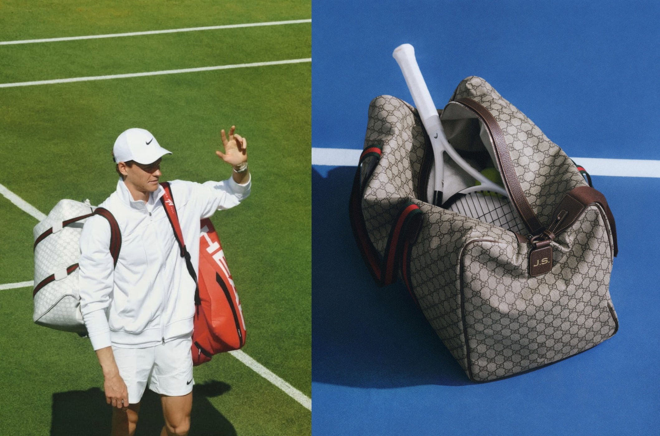 Male tennis player carries sport bags on a sunny outdoor court; one bag is open on a blue surface revealing a racquet and tennis ball.