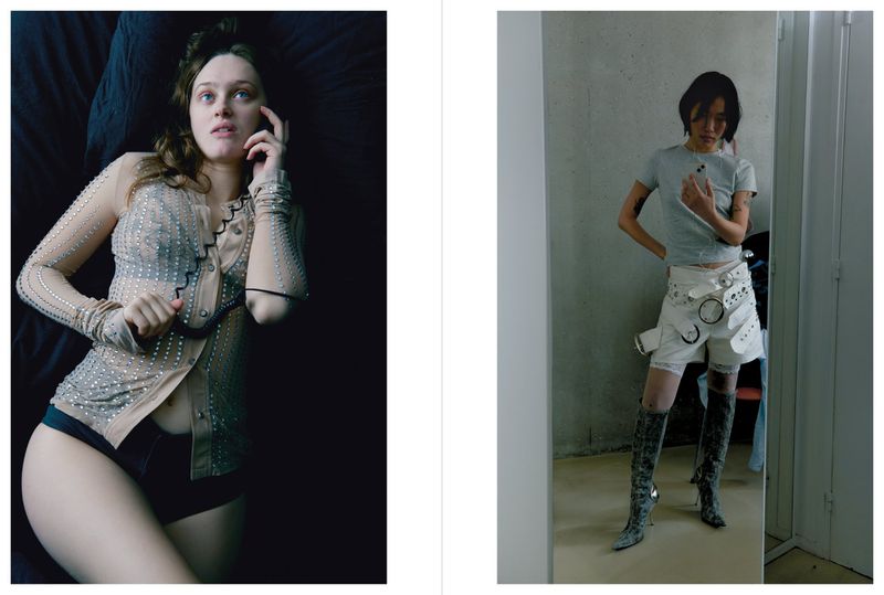 Two women in separate frames: One poses in a sheer top and dark bottoms, while the other stands in a mirror in shorts and boots.
