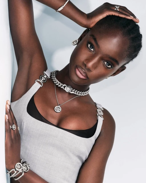 Fashion shot of a Black woman wearing silver jewelry, including a choker, necklace, bracelet, rings, and earrings, in a studio.