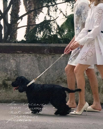 A black Cocker Spaniel walks on a leash, accompanied by a man and woman in white summer attire on an outdoor city street.