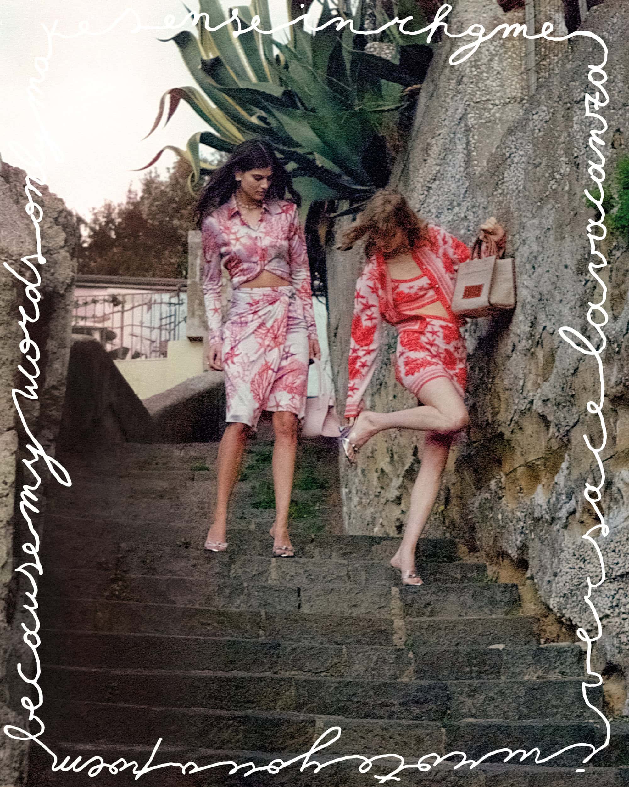 Two women on stone steps in matching floral outfits, one holding a purse; foliage and hand-lettered text add a unique touch.