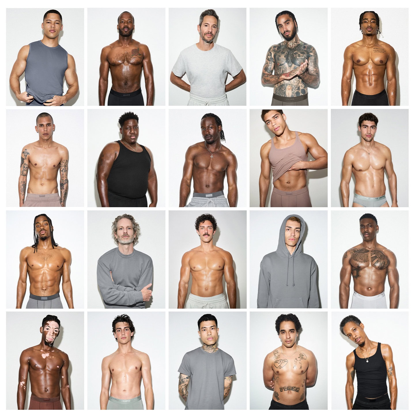 Collage of diverse shirtless men against a white background, showcasing various body types, skin tones, and expressions in a studio setting.