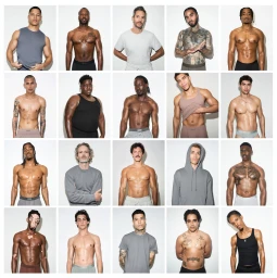Group of diverse male models posing against a white seamless background for SKIMS advertising campaign.