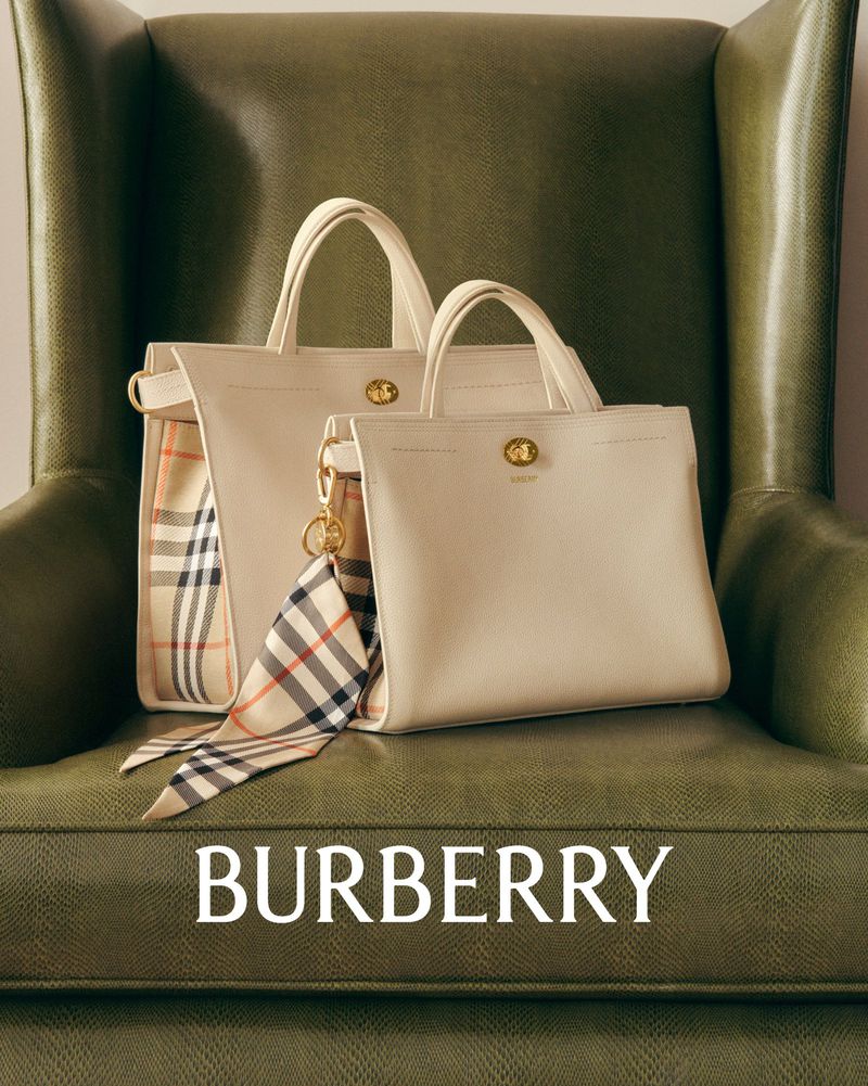 Two Burberry handbags are displayed on a green leather chair, with the brand name prominently displayed at the bottom of the image.