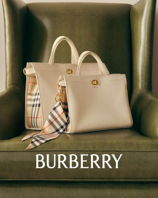 Two Burberry handbags are displayed on a green leather chair, with the brand name prominently displayed at the bottom of the image.