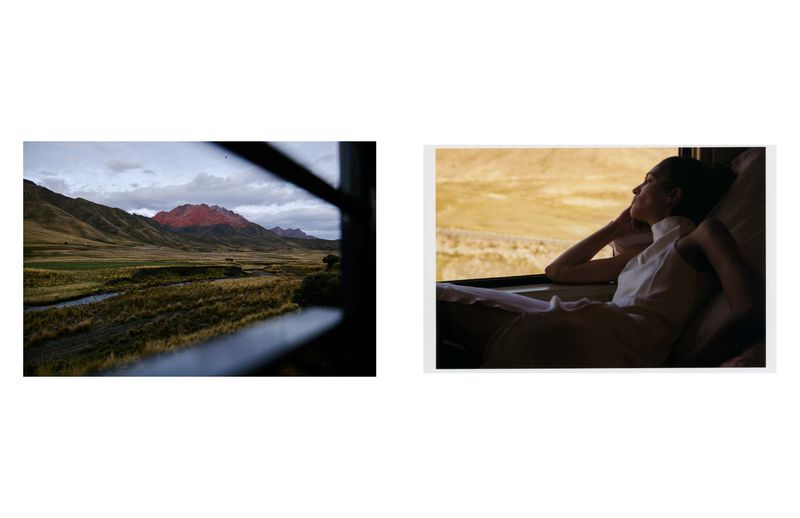 Woman gazes out of train window at mountain landscape.  Travel scene captures outdoor beauty and interior tranquility.