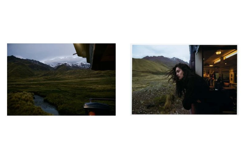 Woman gazes from train window at mountains and grasslands, while the left view shows the grassy river valley from inside a train.