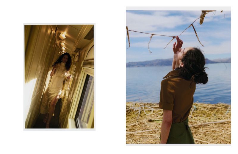 Two distinct scenes: an adult female in a gold hallway and an adult female near a lake with distant mountains and wispy reeds.