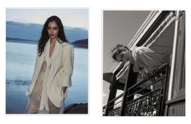 Two fashion shots: a woman in a white blazer on a beach and a woman on a balcony in black and white. Fashion editorial concept.