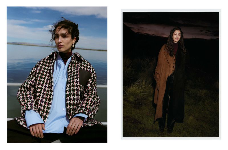 Outdoor fashion photoshoot featuring a woman in a patterned jacket on a boat and a woman in a brown coat at night.