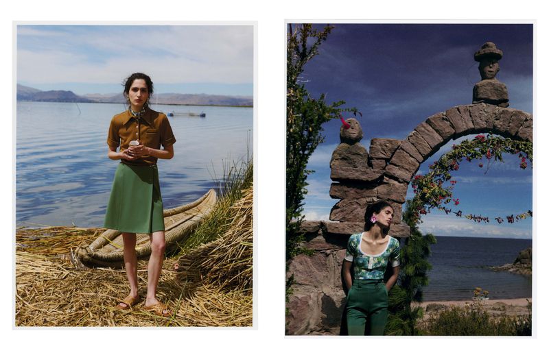 Two scenes: a model poses by a lake with a boat, and a model poses by a stone archway overlooking the ocean under a cloudy sky.