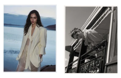 Model wearing a light yellow blazer standing outdoors near water for Vogue Mexico editorial