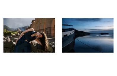 Model posing against stone ruins in Peru on the left, and a docked boat on calm water at dusk on the right.