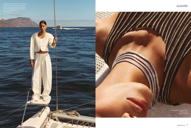 A woman in white clothing standing on a sailboat, accessorized with jewelry, with a model wearing a striped top and necklace in other shot.