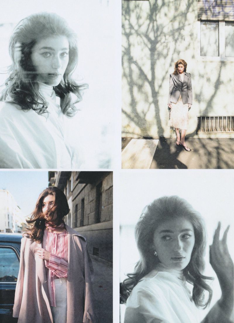 Collage of four fashion portraits features a woman in various stylish outfits and settings, with a vintage photographic effect.