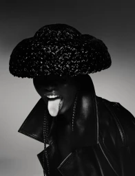 Monochrome portrait of Aluel Keror wearing a textured black hat and leather jacket with her tongue sticking out