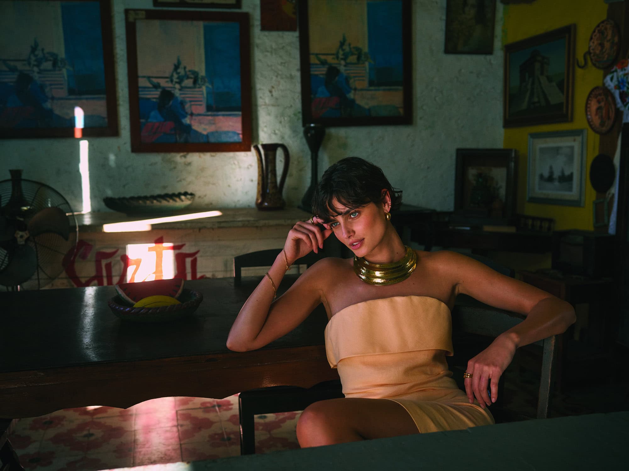 Brunette woman with a gold necklace and peach-colored dress sits indoors in natural light, with paintings and decor in the background.