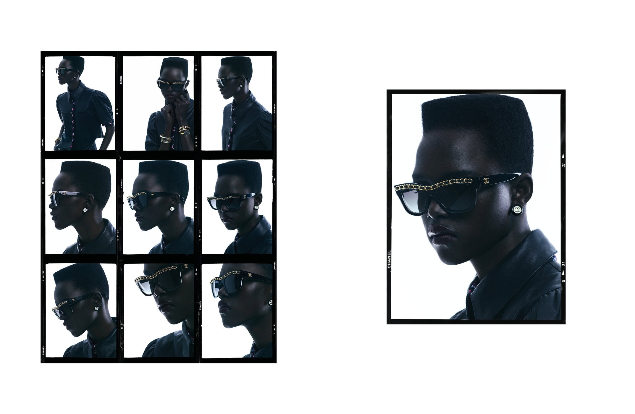 Fashion shot: a dark-skinned model with a high-top fade haircut poses wearing sunglasses, framed by a photo-contact sheet design.