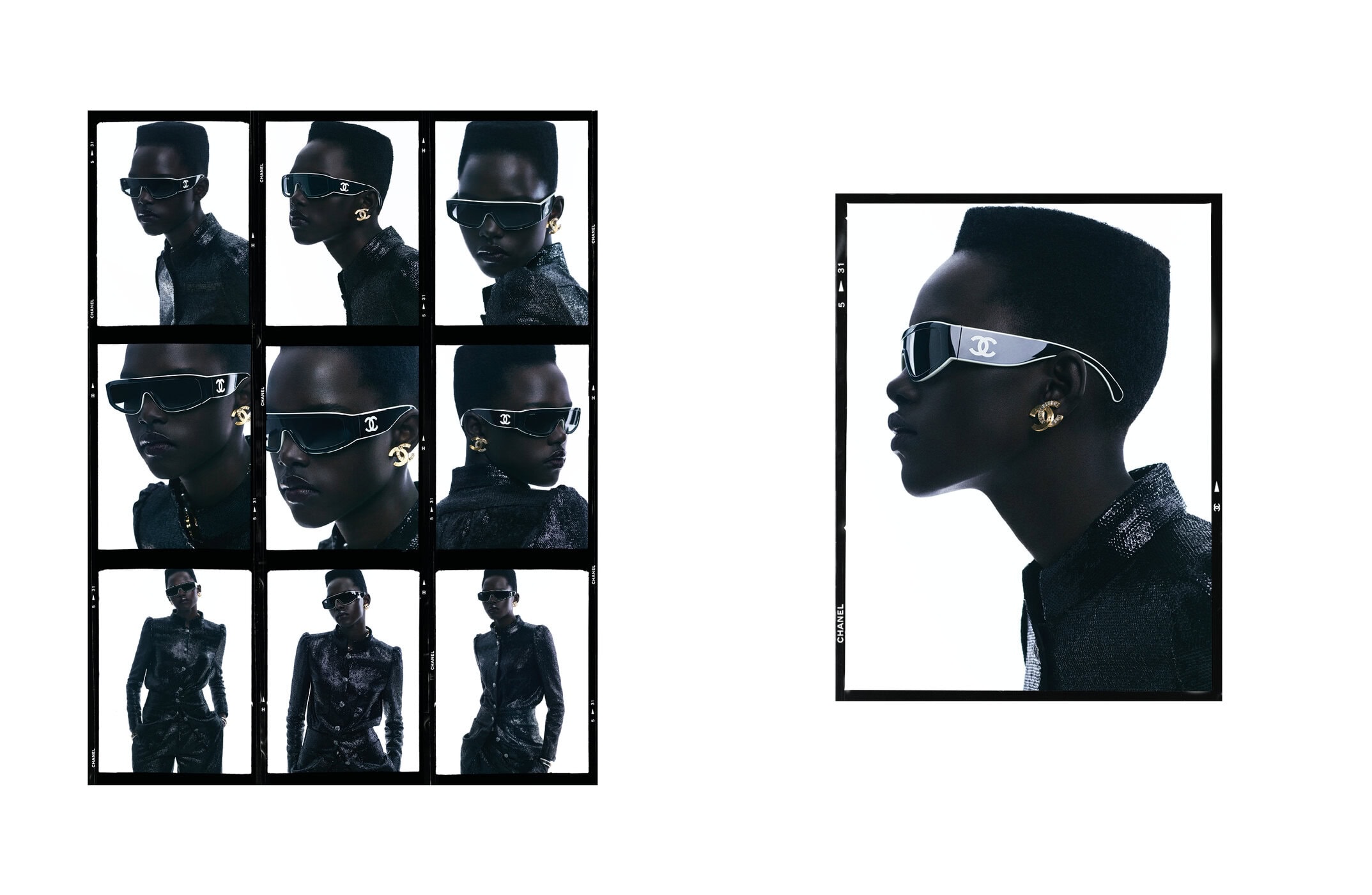 Fashion shot of a Black female model wearing sunglasses and gold earrings in a photo-booth style strip and a side profile. 