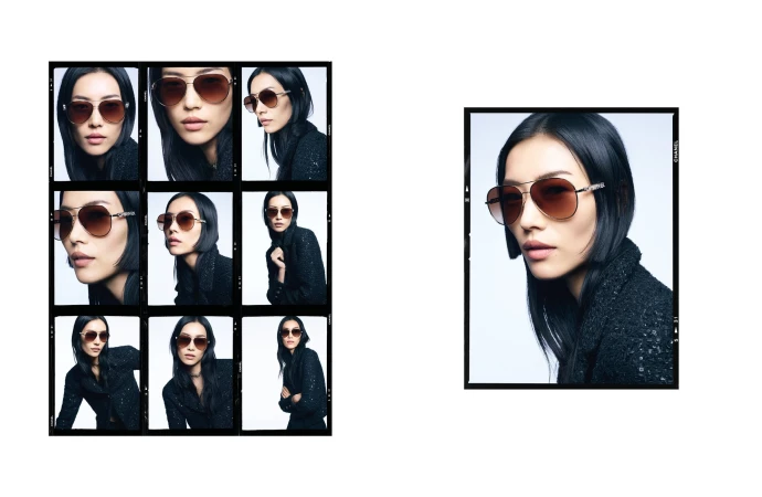 Fashion shot showcasing a woman wearing gold-framed aviator sunglasses, black jacket, and dark hair, with a photo strip aesthetic.