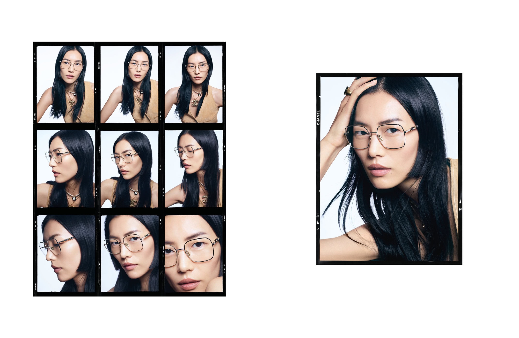 Portrait of an Asian woman wearing square-frame glasses and a gold necklace, showcasing a fashion eyewear campaign with a contact sheet.