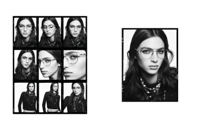Black and white contact sheet grid of a model wearing eyeglasses and layered pearl necklaces for Chanel.