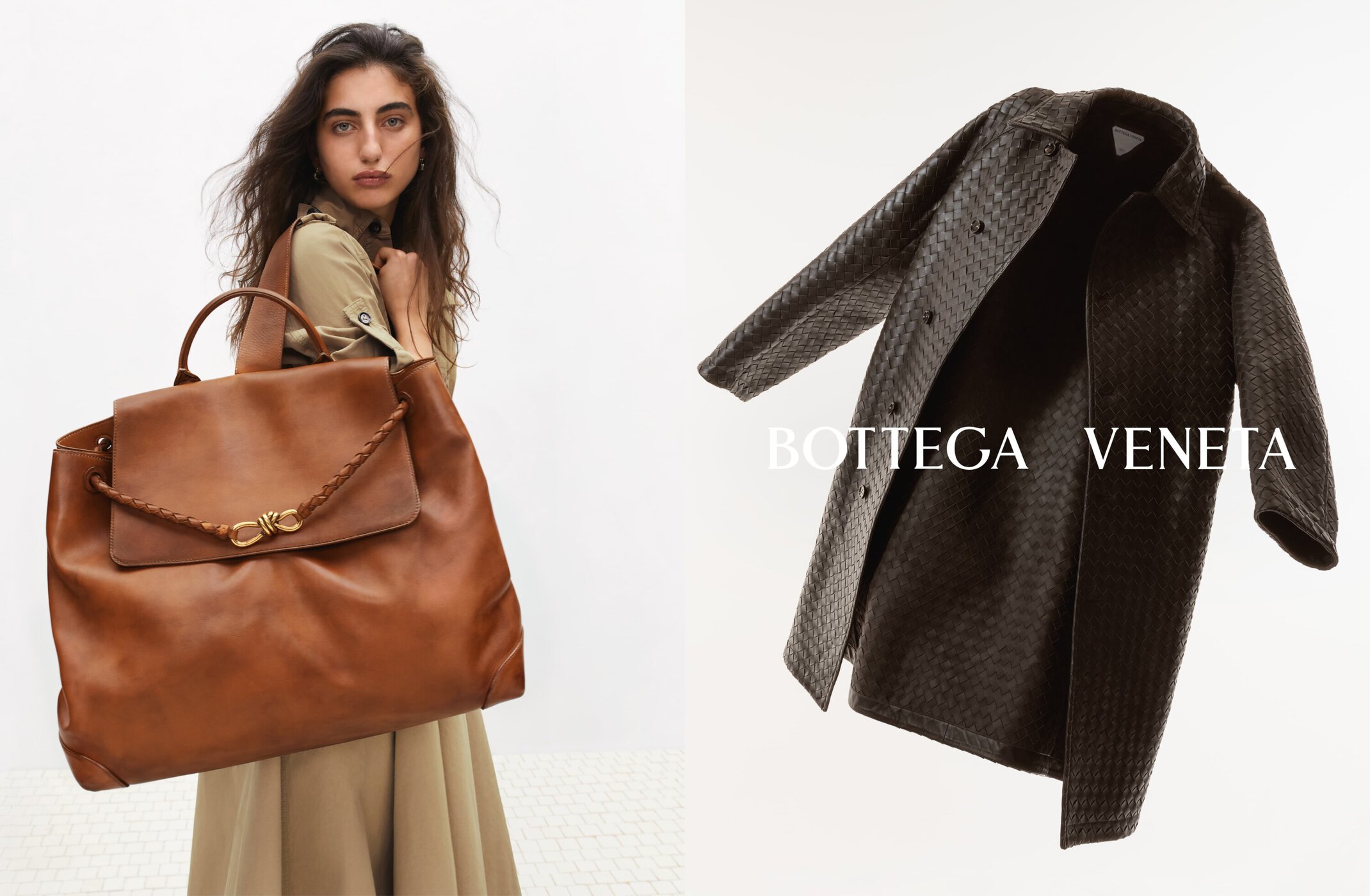 Fashion shot featuring a brunette female model carrying a large brown leather handbag alongside a Bottega Veneta woven leather coat.