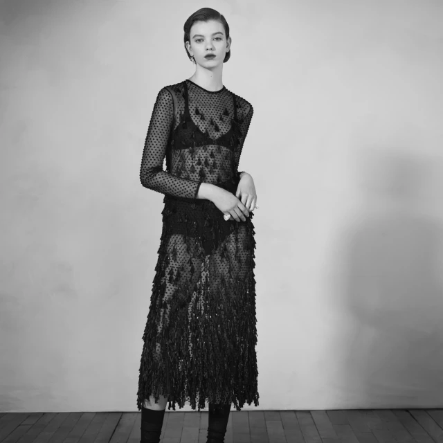 Monochrome full shot of a female model wearing a long-sleeved sheer black dress with fringe against a neutral background.