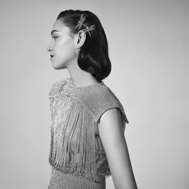 Elegant woman in profile with dragonfly hair clips, silver dress with fringe, and dark hair against a light grey backdrop in a studio shot.