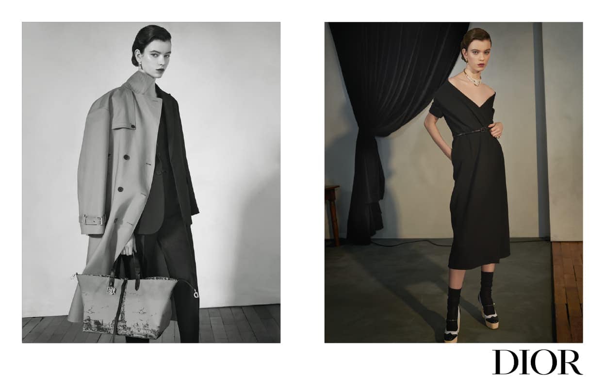 Dior pre-fall 2024 fashion campaign featuring two black and white studio portraits of models in coats and black dresses.
