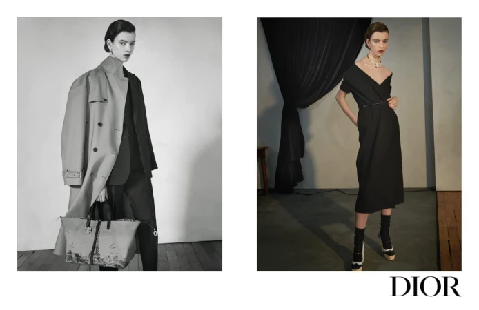 Dior pre-fall 2024 fashion campaign featuring two black and white studio portraits of models in coats and black dresses.
