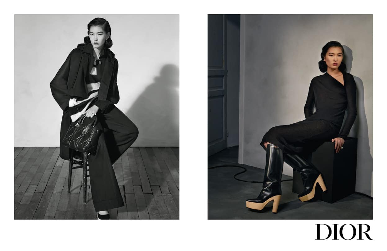 Two black-and-white photos present an Asian fashion model in stylish monochrome outfits, posing indoors with a vintage aesthetic.