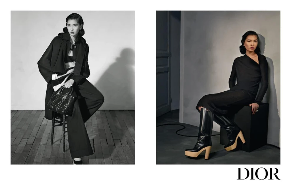 Two black-and-white photos present an Asian fashion model in stylish monochrome outfits, posing indoors with a vintage aesthetic.