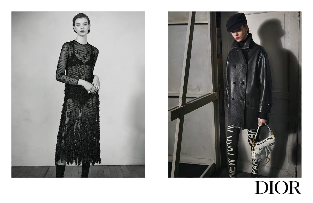 Two monochromatic fashion shots showcase women in textured and tailored black clothing, complemented by studio lighting and neutral backgrounds.