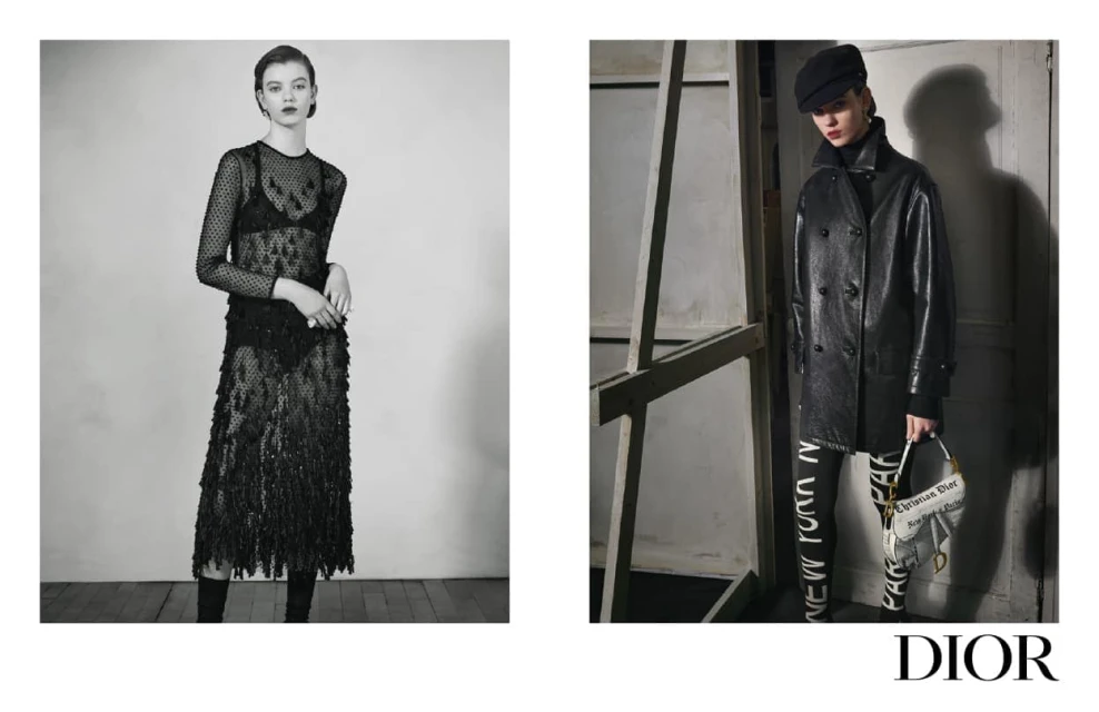 Two monochromatic fashion shots showcase women in textured and tailored black clothing, complemented by studio lighting and neutral backgrounds.