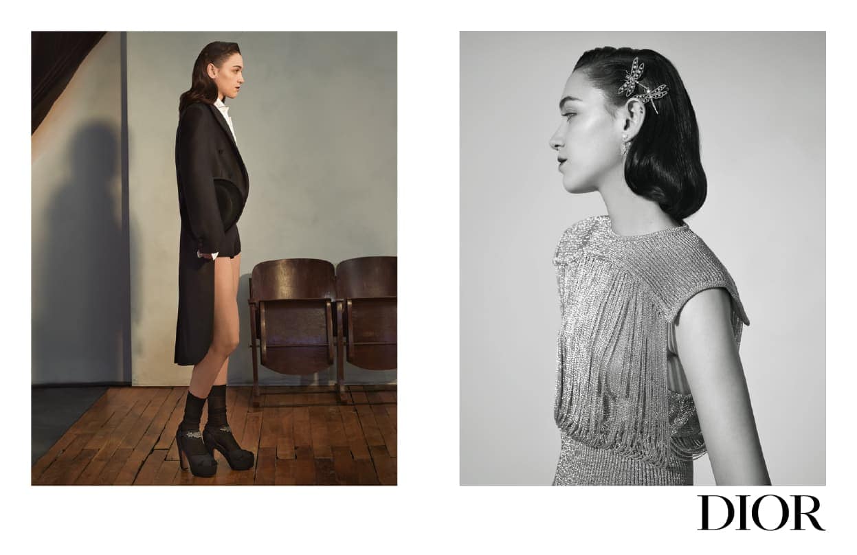 Two images are placed side-by-side; a woman in a black coat stands in a studio, and a woman's profile is adorned with hair accessories.