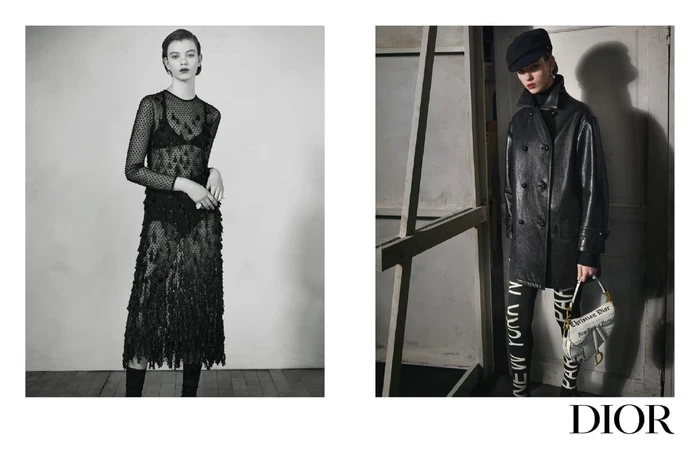 Two black-and-white fashion photographs featuring models in Dior apparel against studio backdrops