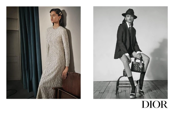 Diptych of a fashion model in a textured long dress and a tailored suit holding a handbag, photographed by Collier Schorr for Dior pre-fall 2024.