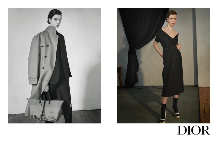 Dior pre-fall 2024 fashion campaign featuring two black and white studio portraits of models in coats and black dresses.