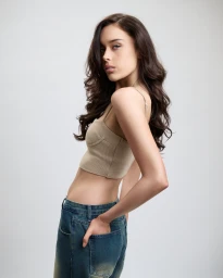 Model Taylor Heyes wearing a beige crop top and blue denim jeans against a white seamless background