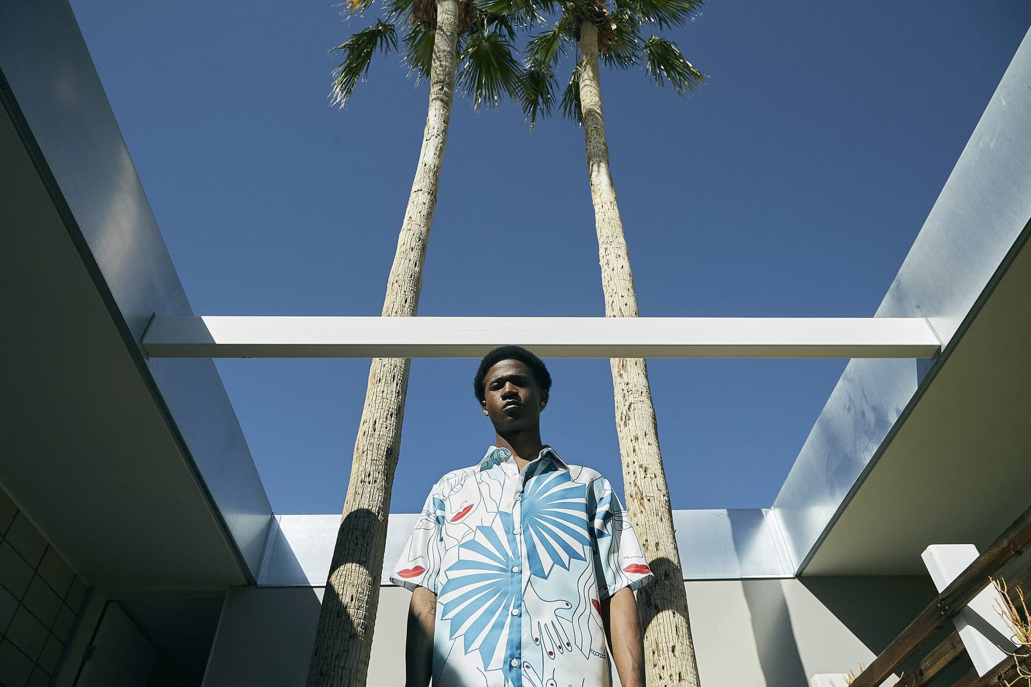Adult man stands between two palm trees against a bright blue sky, with a white architectural structure overhead in an outdoor setting.