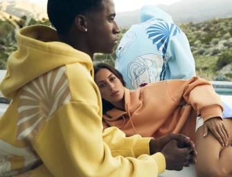 Three models wearing colorful printed hoodies outdoors in Palm Springs for the Uter Spring 2024 campaign