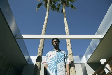 Low angle shot of a Black man standing in courtyard with palm trees and modern architectural overhangs under a clear blue sky