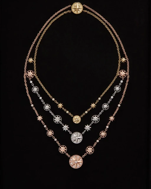 Three delicate gold necklaces with compass rose pendants and star accents, displayed against a dark background, showcase jewelry design.