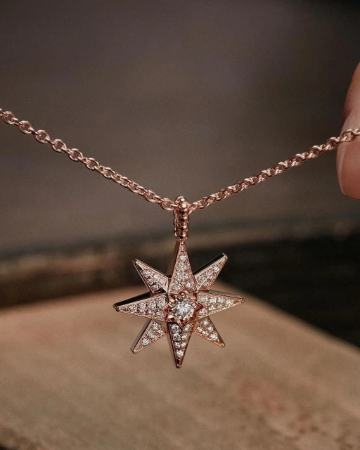 Elegant star pendant necklace made of rose gold with sparkling gem detailing on a matching delicate chain, against a soft brown backdrop.
