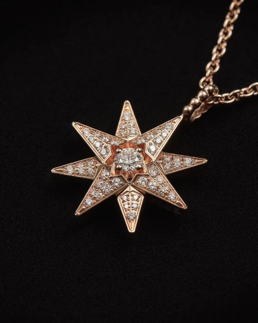 Close-up of a rose gold pendant necklace featuring a starburst design with diamonds on a black background; jewelry advertisement.