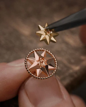 Close-up of artisan hands holding gold star-shaped fine jewelry components in a workshop setting.