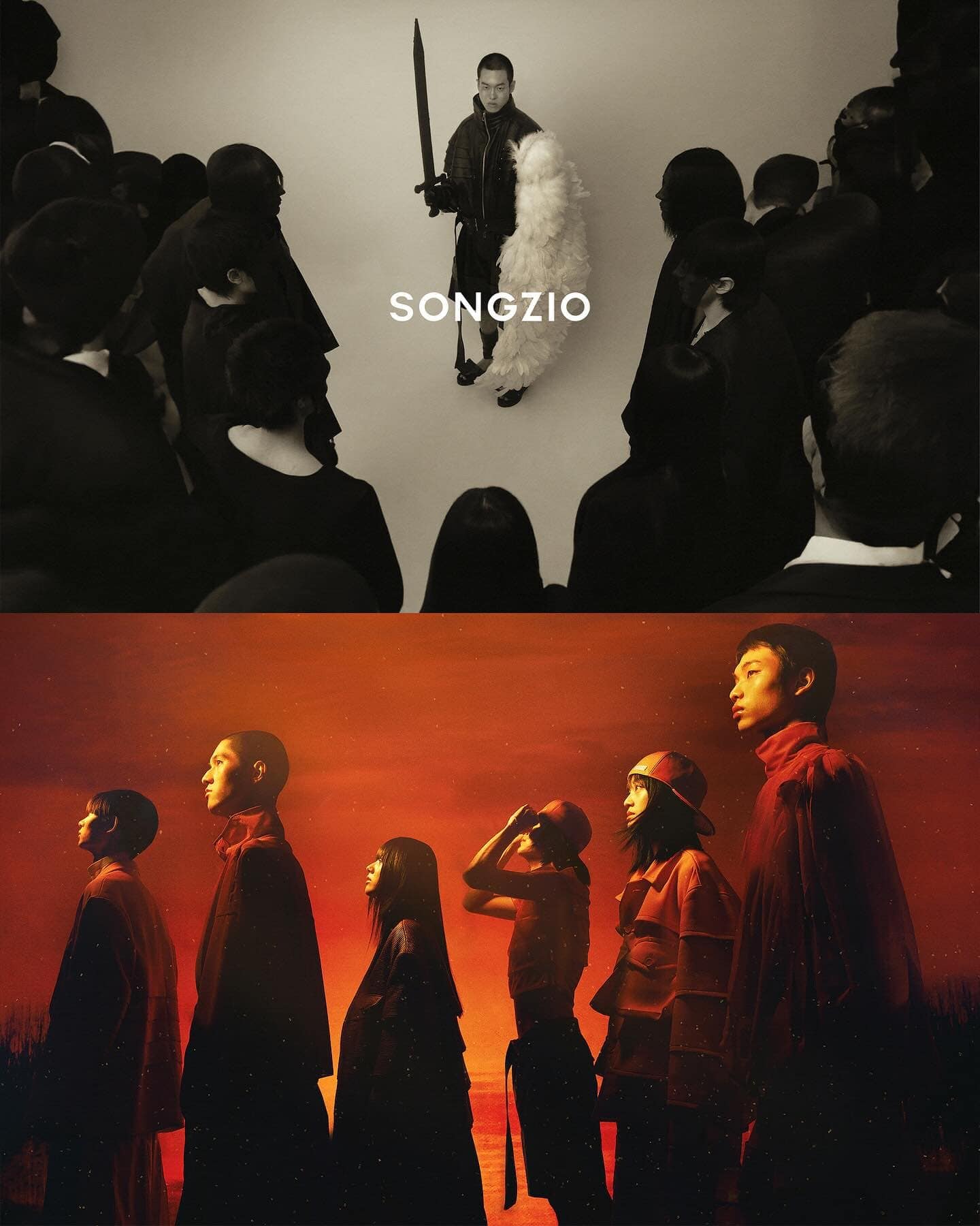Fashion editorial composite of a man with a sword and faux fur in front of audience, with a second image of group in red.